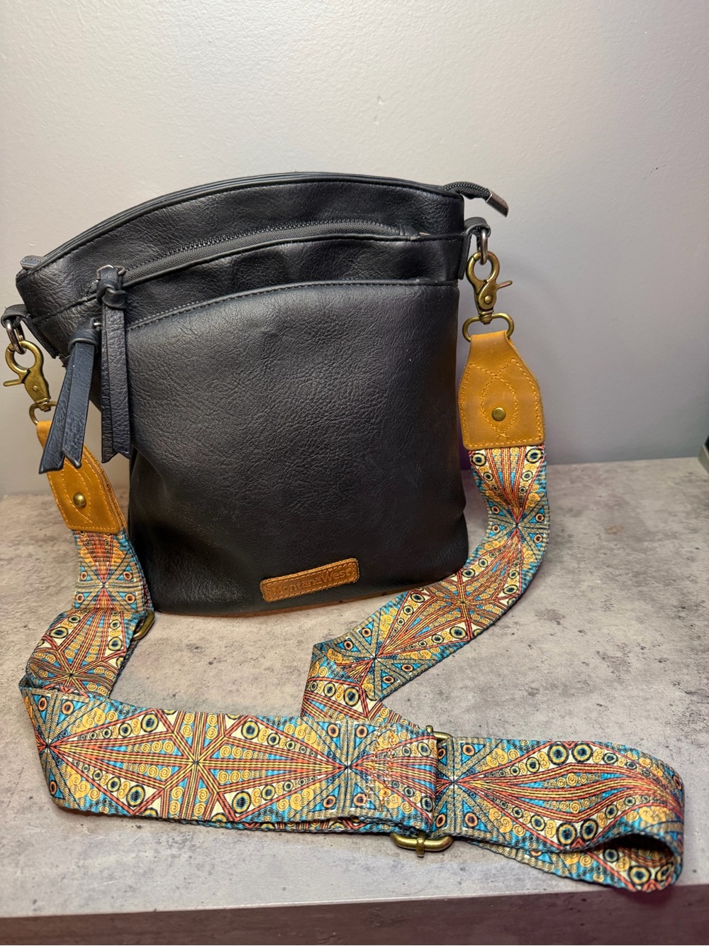 Black Crossbody Bag with Colorful Patterned Strap - Wanderlust Style